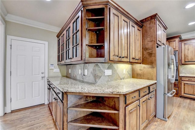 1755 Riverpark Dr, Dacula, GA 30019 - kitchen featuring open shelves, stainless steel fridge with ice dispenser, crown molding, light wood-type flooring, and recessed lighting