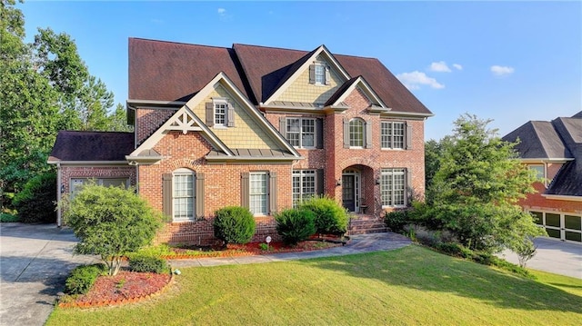 1755 Riverpark Dr, Dacula, GA 30019 - view of front of house featuring brick siding, driveway, a front lawn, and a garage