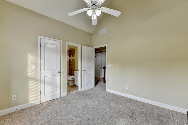 1755 Riverpark Dr, Dacula, GA 30019 - unfurnished bedroom featuring carpet floors, high vaulted ceiling, ensuite bathroom, and a ceiling fan