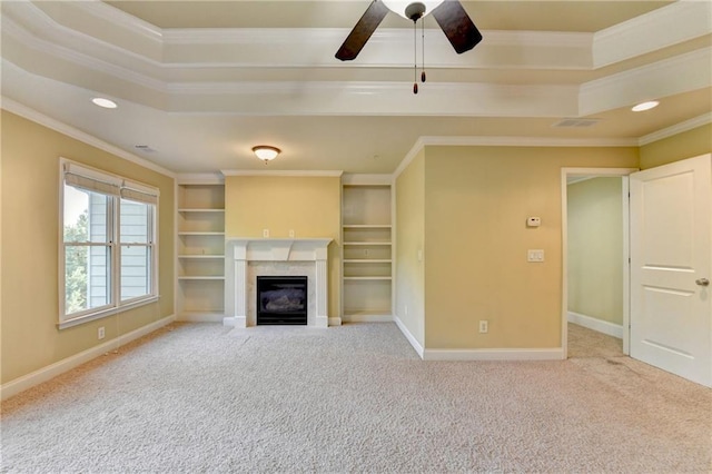 1755 Riverpark Dr, Dacula, GA 30019 - unfurnished living room with ornamental molding, carpet flooring, recessed lighting, a fireplace, and ceiling fan