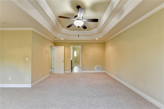 1755 Riverpark Dr, Dacula, GA 30019 - empty room with carpet flooring, ceiling fan, a tray ceiling, crown molding, and recessed lighting