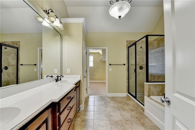 1755 Riverpark Dr, Dacula, GA 30019 - bathroom featuring a shower stall, double vanity, a garden tub, and tile patterned floors