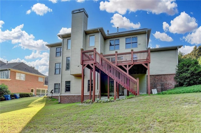 1755 Riverpark Dr, Dacula, GA 30019 - back of house with a chimney, a lawn, stairs, a wooden deck, and brick siding
