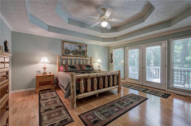 354 Starcross Ln, Jasper, GA 30143 - bedroom featuring a textured ceiling, ornamental molding, visible vents, a raised ceiling, and access to exterior