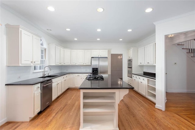 5010 Bonnie Way, Roswell, GA 30075 - kitchen featuring open shelves, stainless steel appliances, a sink, ornamental molding, and dark countertops