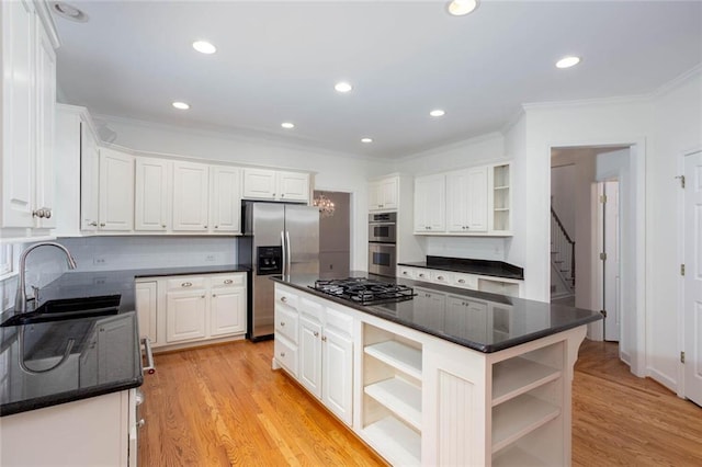 5010 Bonnie Way, Roswell, GA 30075 - kitchen featuring open shelves, a sink, stainless steel appliances, crown molding, and white cabinets