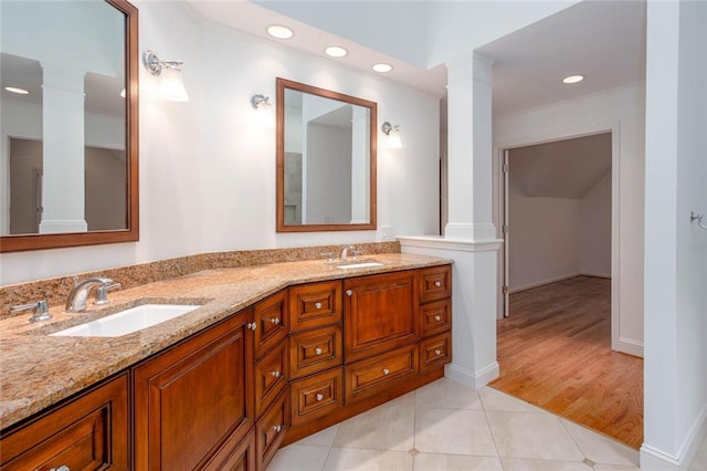 5010 Bonnie Way, Roswell, GA 30075 - bathroom with decorative columns, double vanity, recessed lighting, tile patterned flooring, and baseboards