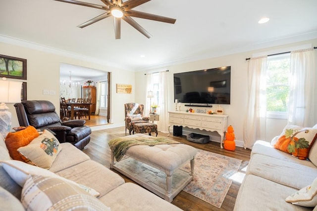 living room featuring crown molding, dark hardwood / wood-style floors, and ceiling fan with notable chandelier