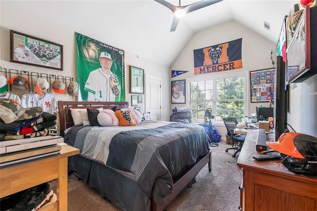 466 Sweet Apple Ln, Buford, GA 30518 - bedroom with carpet flooring, vaulted ceiling, and a ceiling fan