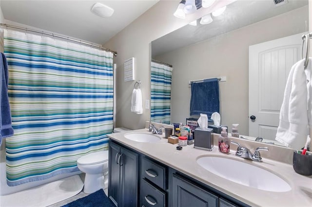 466 Sweet Apple Ln, Buford, GA 30518 - full bathroom with toilet, double vanity, tile patterned flooring, and a shower with curtain