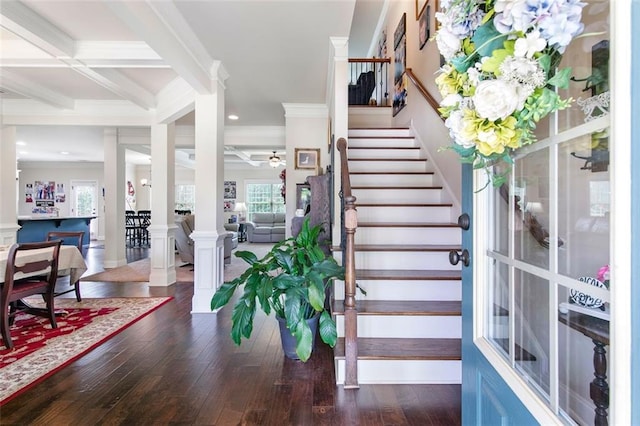 466 Sweet Apple Ln, Buford, GA 30518 - stairs featuring ornate columns, ornamental molding, hardwood / wood-style flooring, recessed lighting, and beamed ceiling
