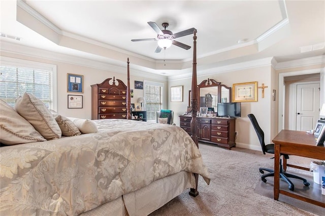 466 Sweet Apple Ln, Buford, GA 30518 - bedroom featuring a tray ceiling, multiple windows, crown molding, light colored carpet, and an office area