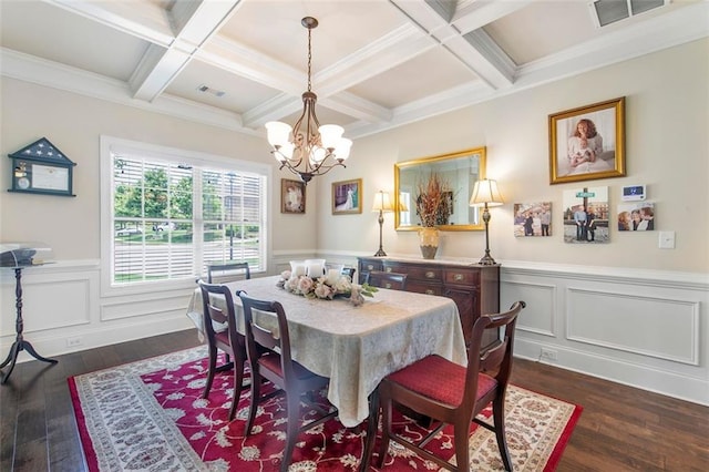 466 Sweet Apple Ln, Buford, GA 30518 - dining area with a chandelier, dark wood-style floors, beamed ceiling, coffered ceiling, and a wainscoted wall