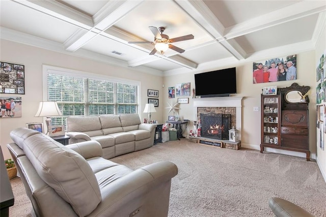 466 Sweet Apple Ln, Buford, GA 30518 - carpeted living room featuring ceiling fan, a fireplace, coffered ceiling, beam ceiling, and crown molding