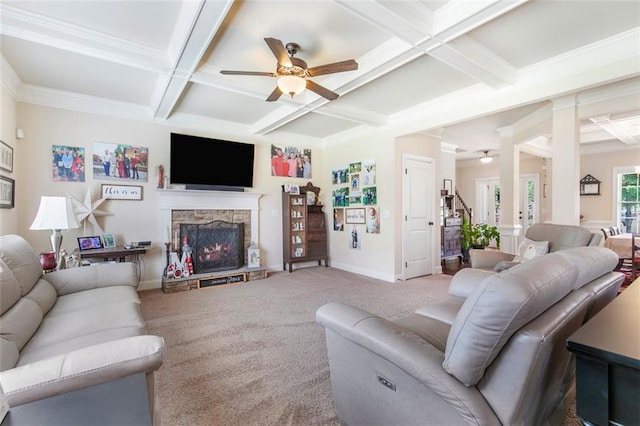 466 Sweet Apple Ln, Buford, GA 30518 - carpeted living room featuring coffered ceiling, ceiling fan, a fireplace, beamed ceiling, and baseboards