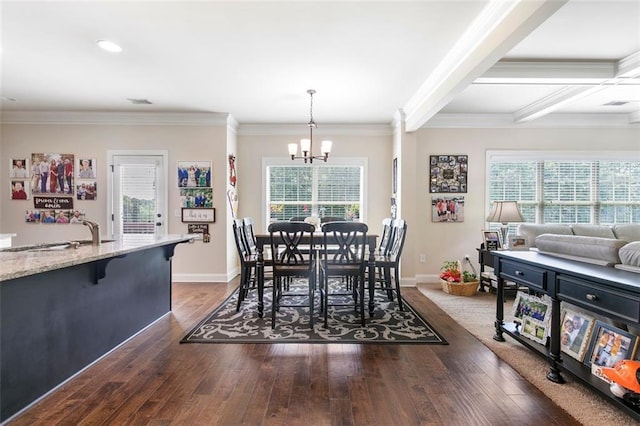 466 Sweet Apple Ln, Buford, GA 30518 - dining room featuring a chandelier, ornamental molding, baseboards, dark wood-style flooring, and beam ceiling