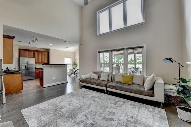 9440 Knollcrest Blvd, Alpharetta, GA 30022 - living area with dark wood-style flooring and a towering ceiling