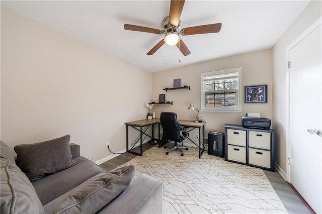 office space featuring ceiling fan and light wood-type flooring