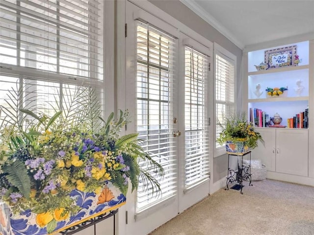 doorway to outside featuring carpet and crown molding