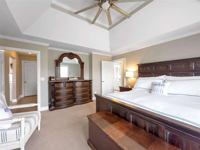 bedroom featuring a tray ceiling, light carpet, crown molding, and baseboards