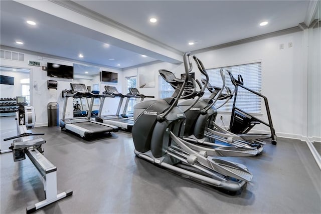 1075 Peachtree Walk NE Unit A519, Atlanta, GA 30309 - exercise room with baseboards, ornamental molding, and recessed lighting