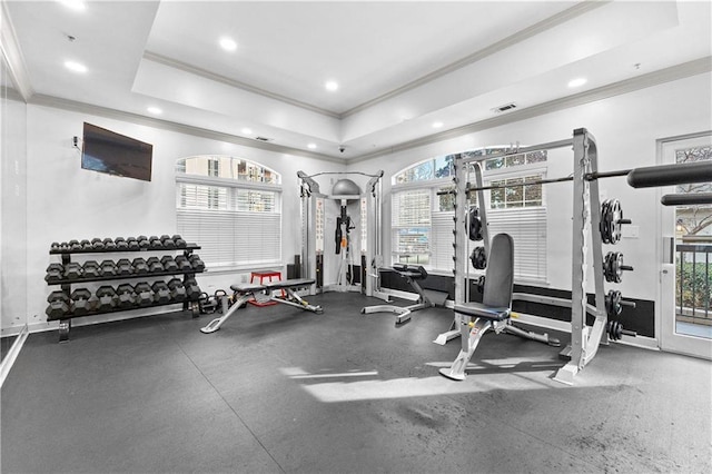 1075 Peachtree Walk NE Unit A519, Atlanta, GA 30309 - gym with recessed lighting, a healthy amount of sunlight, and crown molding