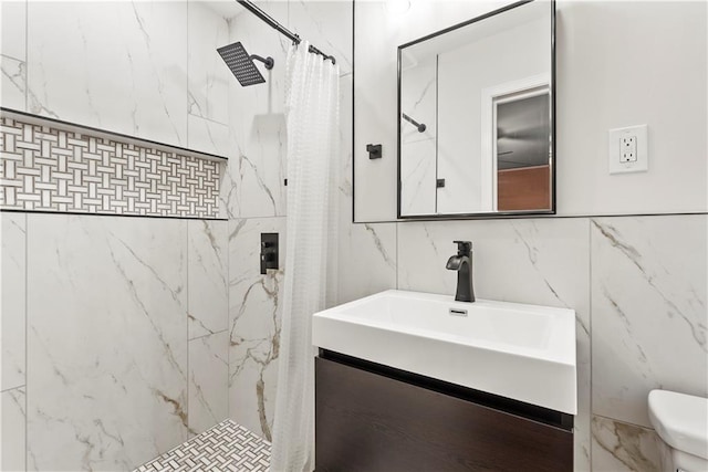 2511 Oak Ave, Tucker, GA 30084 - full bathroom with tile walls, a shower with shower curtain, vanity, and toilet