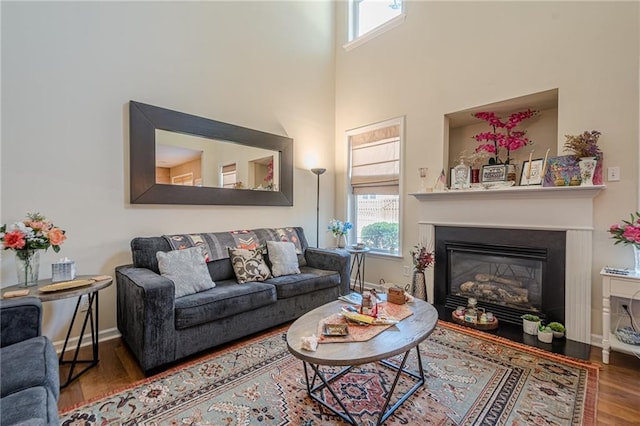 13943 Sunfish Bnd, Alpharetta, GA 30004 - living area with a glass covered fireplace, baseboards, wood finished floors, and a towering ceiling