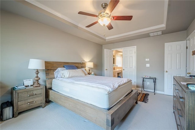 13943 Sunfish Bnd, Alpharetta, GA 30004 - bedroom with light colored carpet, a raised ceiling, crown molding, and visible vents