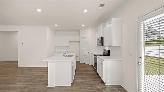 kitchen featuring visible vents, appliances with stainless steel finishes, dark wood-type flooring, white cabinetry, and a sink