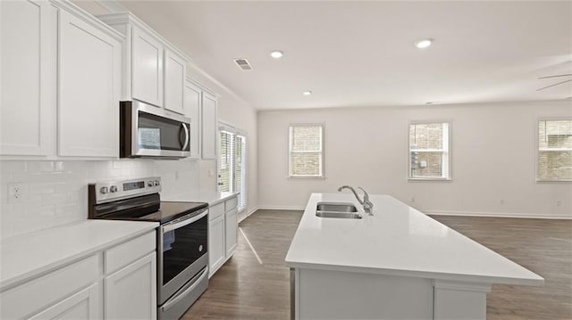 kitchen featuring plenty of natural light, a center island with sink, stainless steel appliances, and a sink