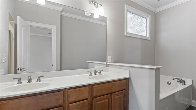 bathroom with ornamental molding, vanity, and a tub