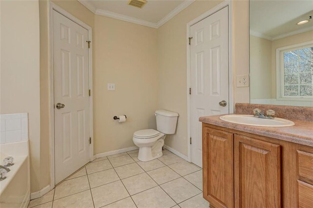 189 Meadow Spring Dr, Temple, GA 30179 - full bathroom featuring a bath, ornamental molding, toilet, vanity, and tile patterned flooring