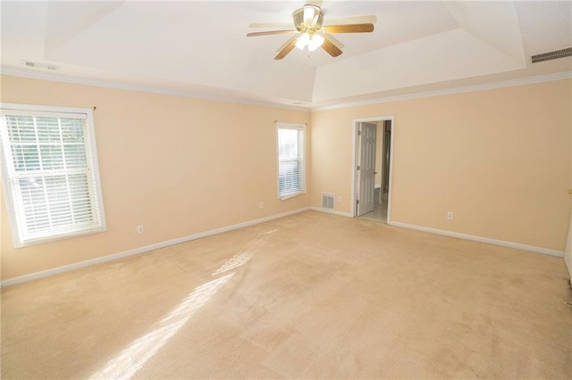 empty room with light colored carpet, ornamental molding, and a healthy amount of sunlight