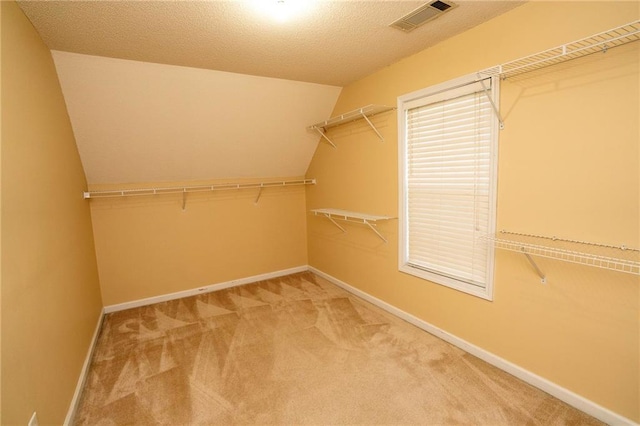 spacious closet featuring vaulted ceiling and carpet