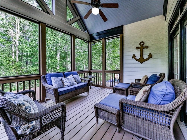1076 Pinyan Ln, Canton, GA 30115 - sunroom featuring ceiling fan, an outdoor living space, and vaulted ceiling