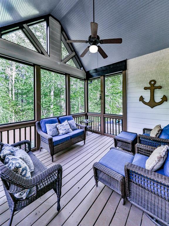 1076 Pinyan Ln, Canton, GA 30115 - sunroom / solarium featuring ceiling fan, an outdoor living space, and vaulted ceiling