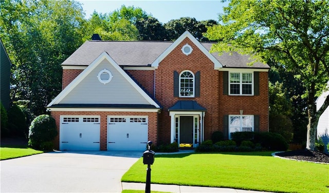 view of front of property featuring a garage and a front lawn