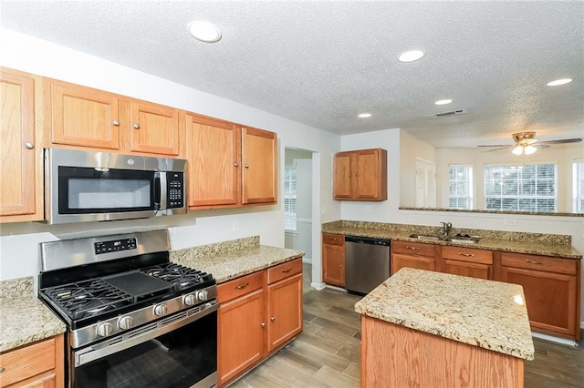 137 Legend Creek Dr, Canton, GA 30114 - kitchen with appliances with stainless steel finishes, a sink, a textured ceiling, recessed lighting, and wood finished floors