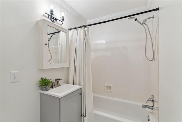 bathroom with shower / bath combination with curtain, ornamental molding, and vanity