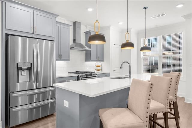 kitchen featuring appliances with stainless steel finishes, pendant lighting, sink, a kitchen island with sink, and wall chimney exhaust hood