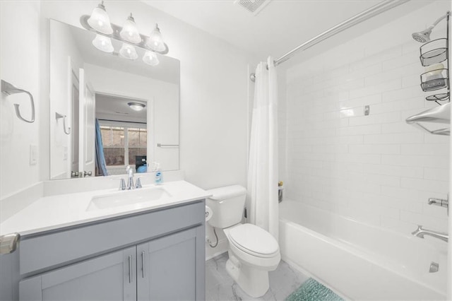 full bathroom with toilet, vanity, and shower / bath combo with shower curtain