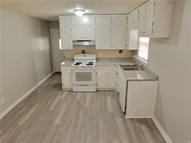 kitchen with white cabinetry, sink, white appliances, and decorative backsplash