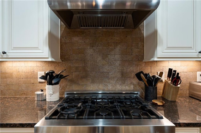 4 Bluff Ct, Cartersville, GA 30120 - kitchen featuring range hood, range, decorative backsplash, and white cabinets