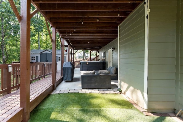 4 Bluff Ct, Cartersville, GA 30120 - view of patio featuring an outdoor hangout area, a storage shed, a deck, and grilling area