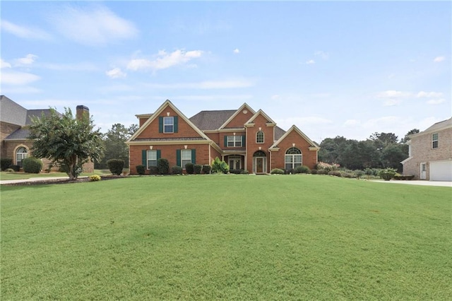 view of front facade featuring brick siding and a front lawn