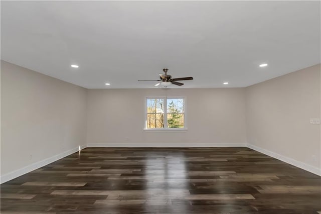 unfurnished room featuring a ceiling fan, recessed lighting, wood finished floors, and baseboards