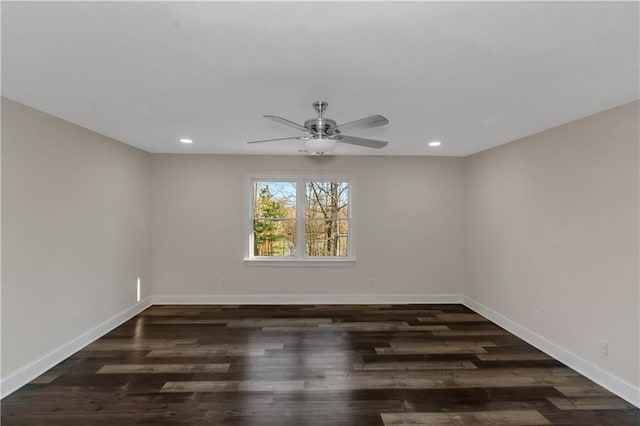 spare room with recessed lighting, ceiling fan, baseboards, and wood finished floors