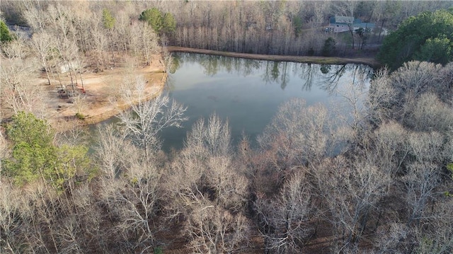 exterior space with a wooded view and a water view