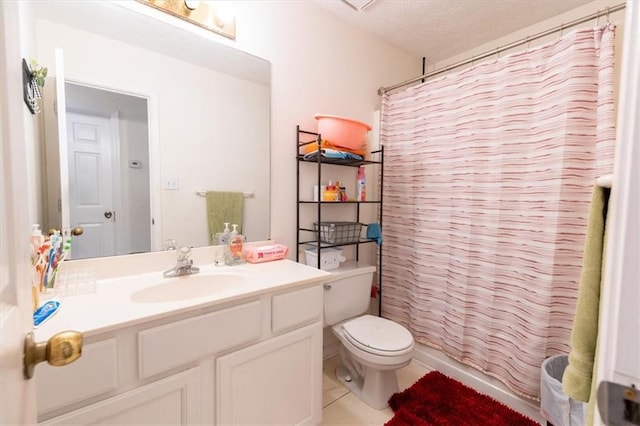 full bathroom with tile patterned floors, toilet, vanity, a textured ceiling, and shower / bathtub combination with curtain